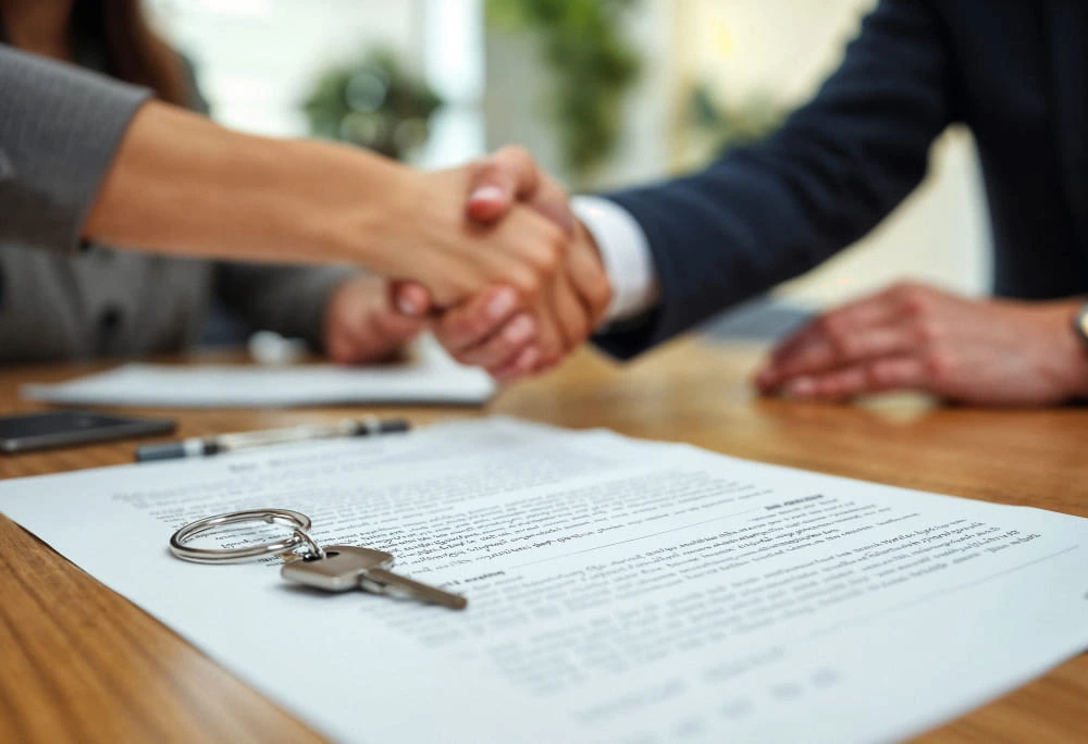 Acheteur et vendeur concluant une vente immobilière avec remise des clés