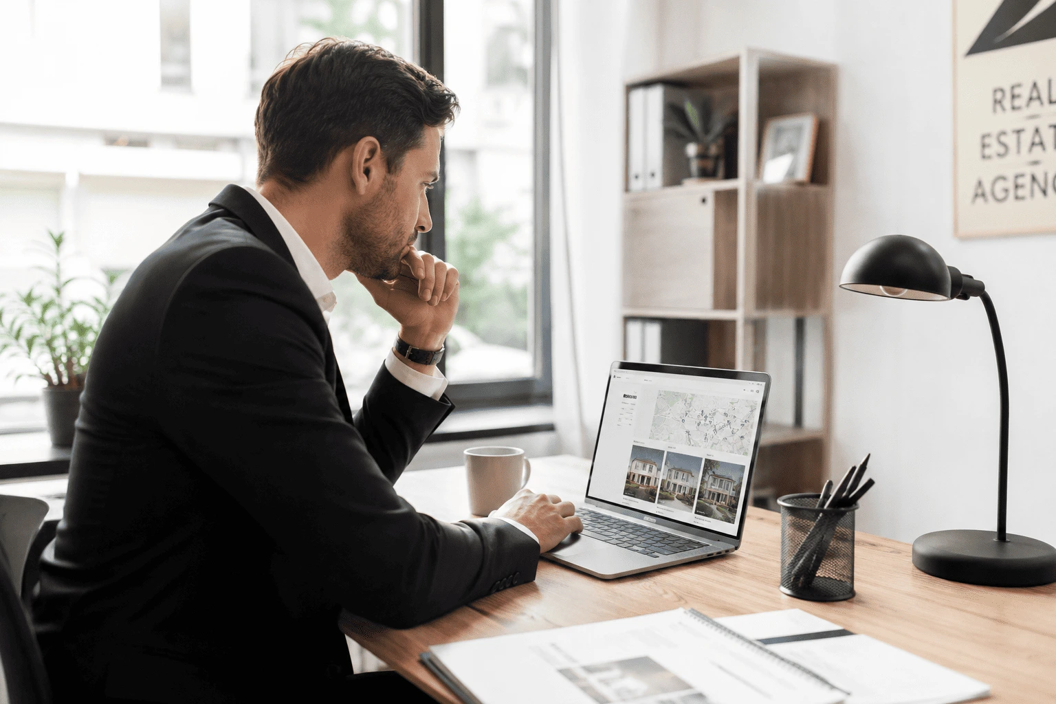 Agent immobilier consultant un logiciel d'estimation immobilière dans son agence