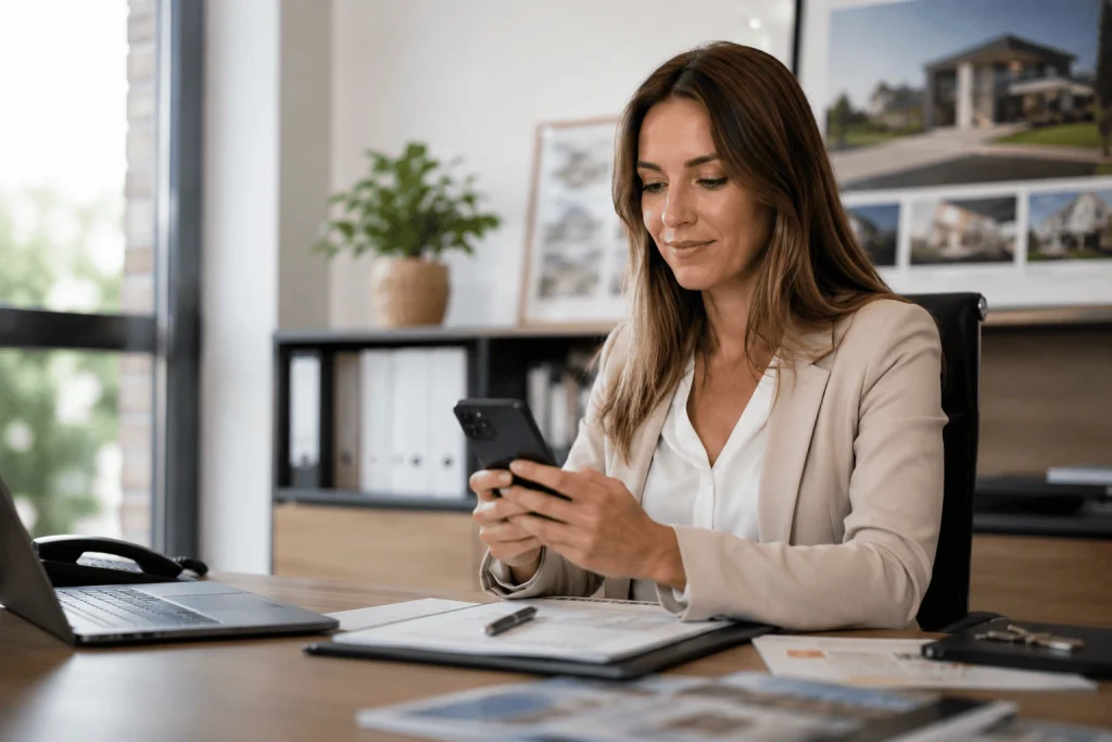 Agente immobilière consultant les nouvelles annonces de pige immobilière sur taktikimmo depuis son agence
