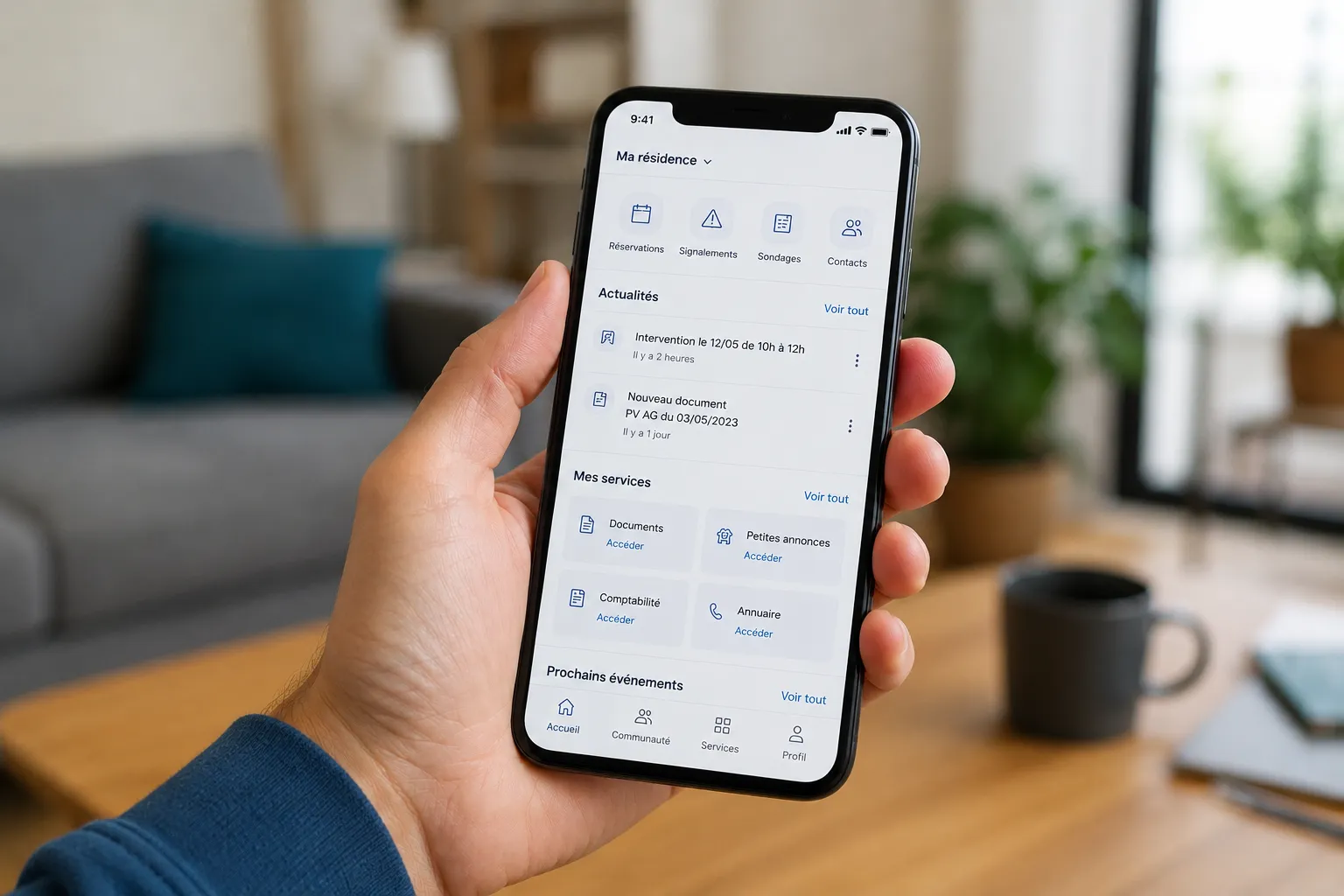 Une personne utilise une application de gestion de copropriété sur son téléphone
