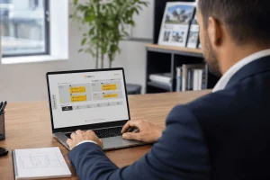 Agent immobilier utilisant l'interface du logiciel Taktikimmo pour sa pige et sa veille concurrentielle
