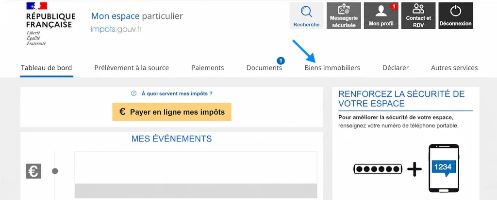 Comment accéder à l'onglet biens immobiliers pour trouver l'Identifiant fiscal du logement sur le site impots.gouv.fr