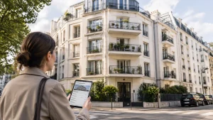 Consultation des informations d’une copropriété devant un immeuble résidentiel