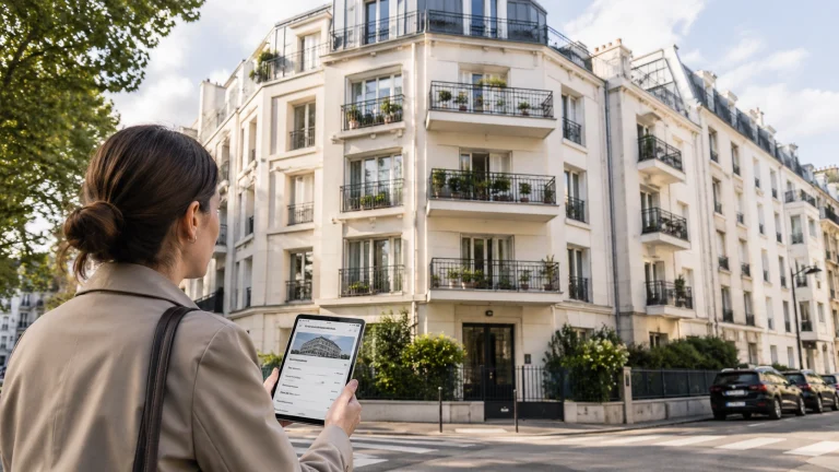 Consultation des informations d’une copropriété devant un immeuble résidentiel