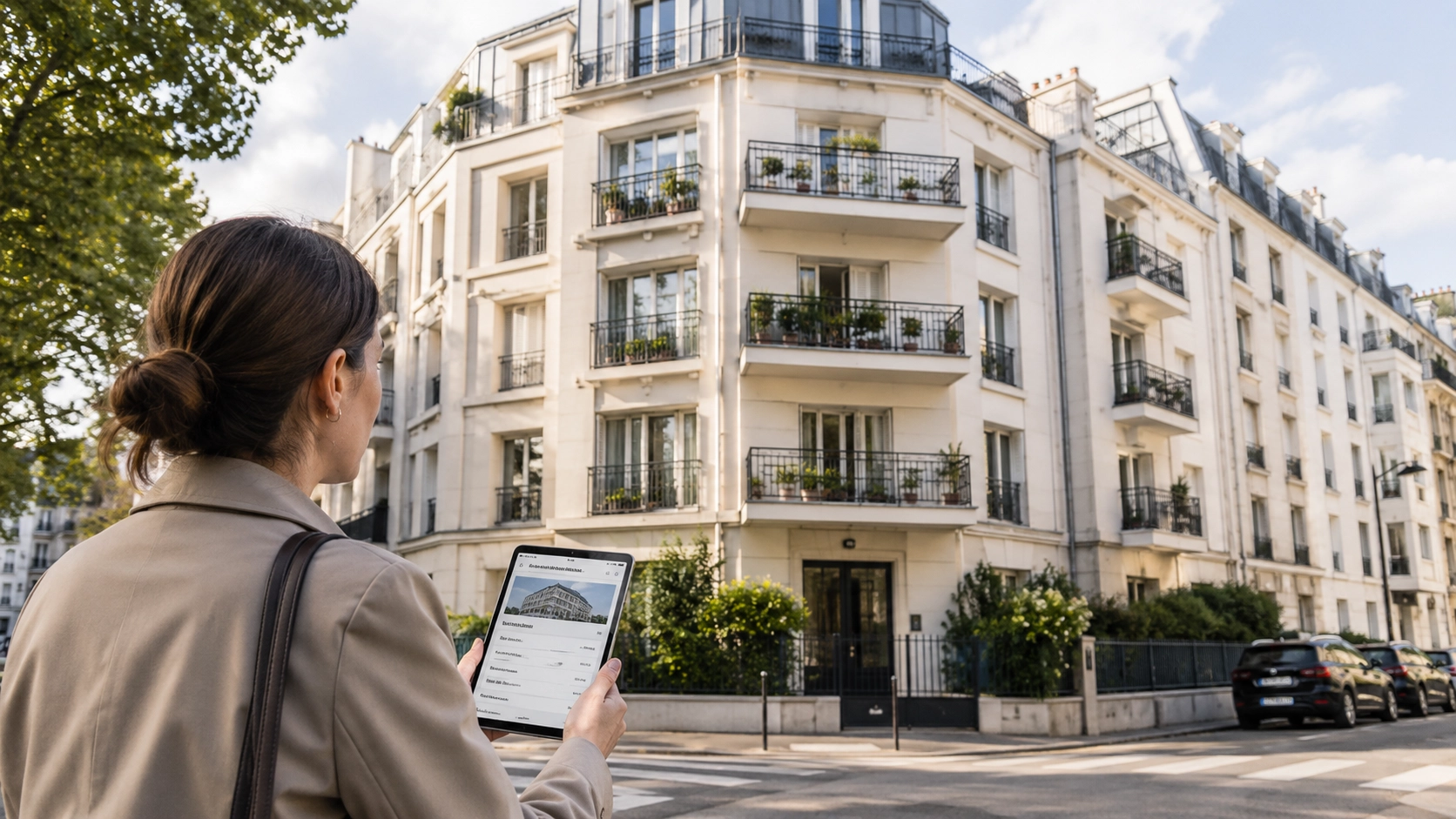 Consultation des informations d’une copropriété devant un immeuble résidentiel