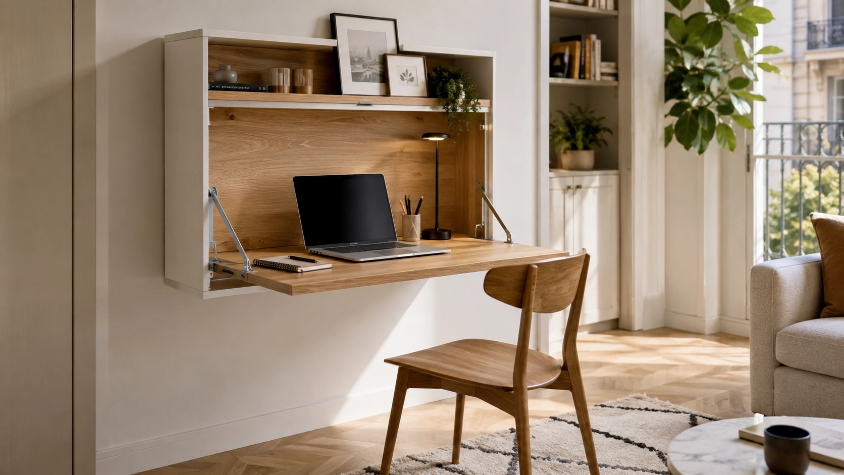 bureau mural rabattable dans un salon