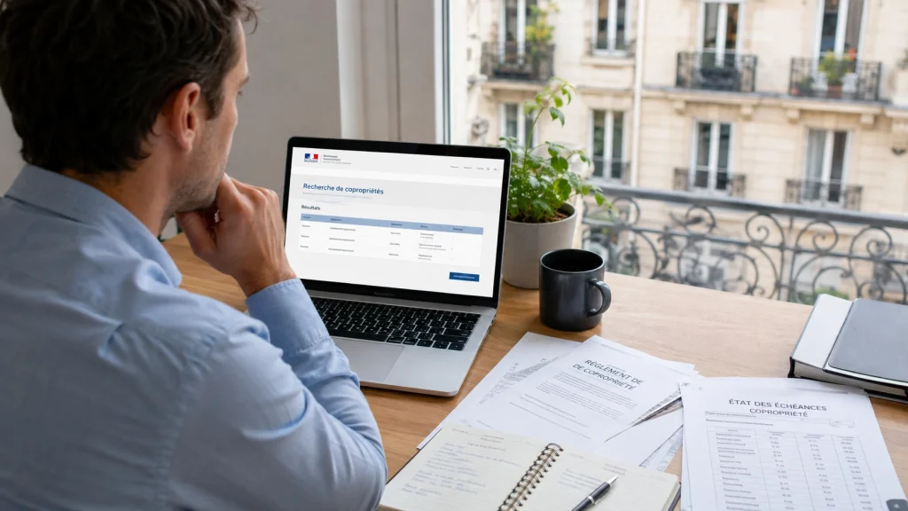 : Acheteur vérifiant les informations et documents d’une copropriété avant l’achat d’un appartement